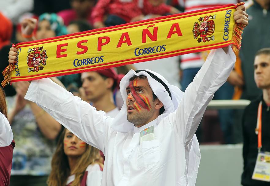Un fan spagnolo durante il campionato mondiale di pallamano, Spagna contro Tunisia, a Doha, in Qatar (AFP)